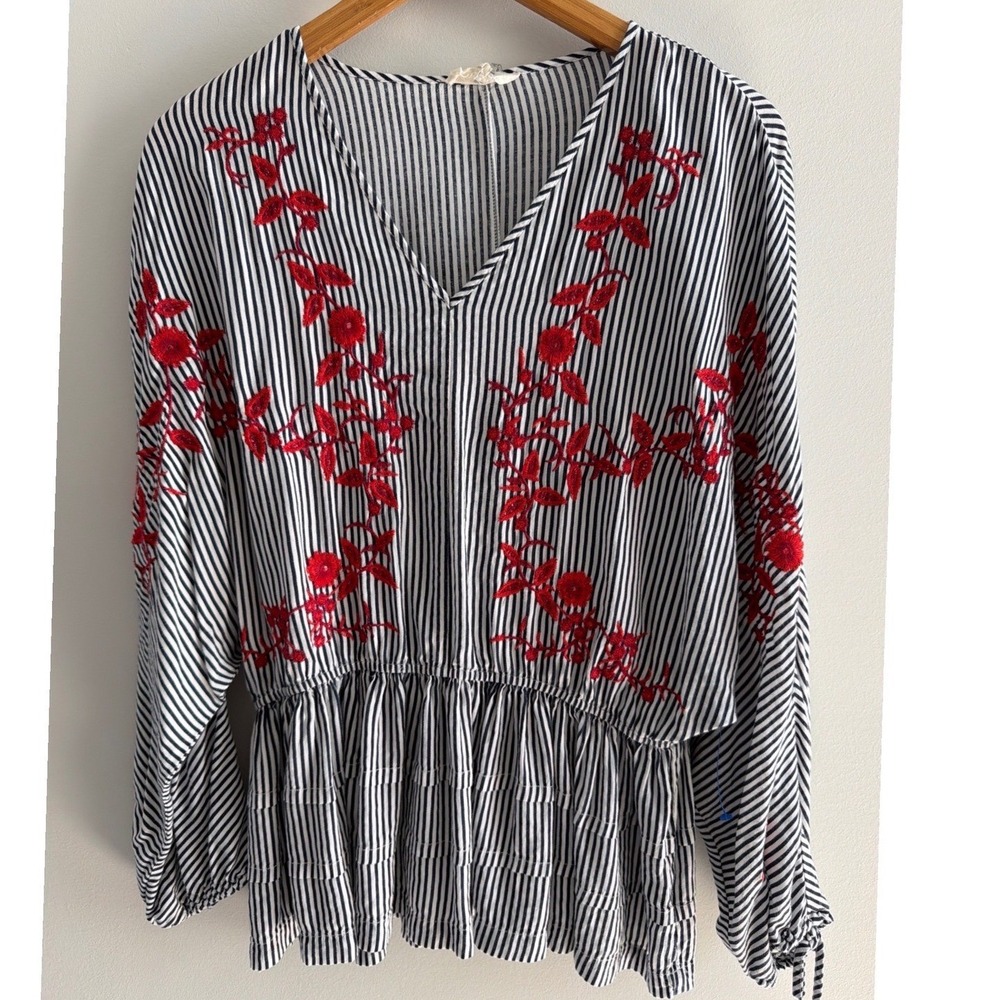 Entro Boho Embroidered Floral Peplum Bell Sleeve Pinstripe Blouse M